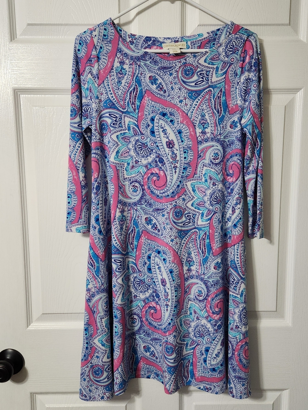 Cynthia Rowley Pink & Blue Paisley Long Sleeve A-Line Dress W/ Pockets, Size S
